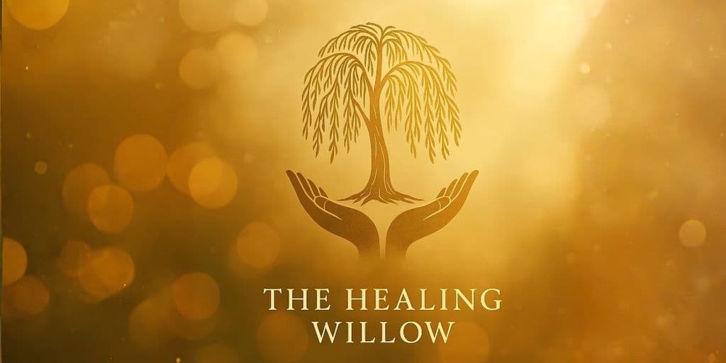 The Healing Willow logo featuring a willow tree above open hands on a gold background.