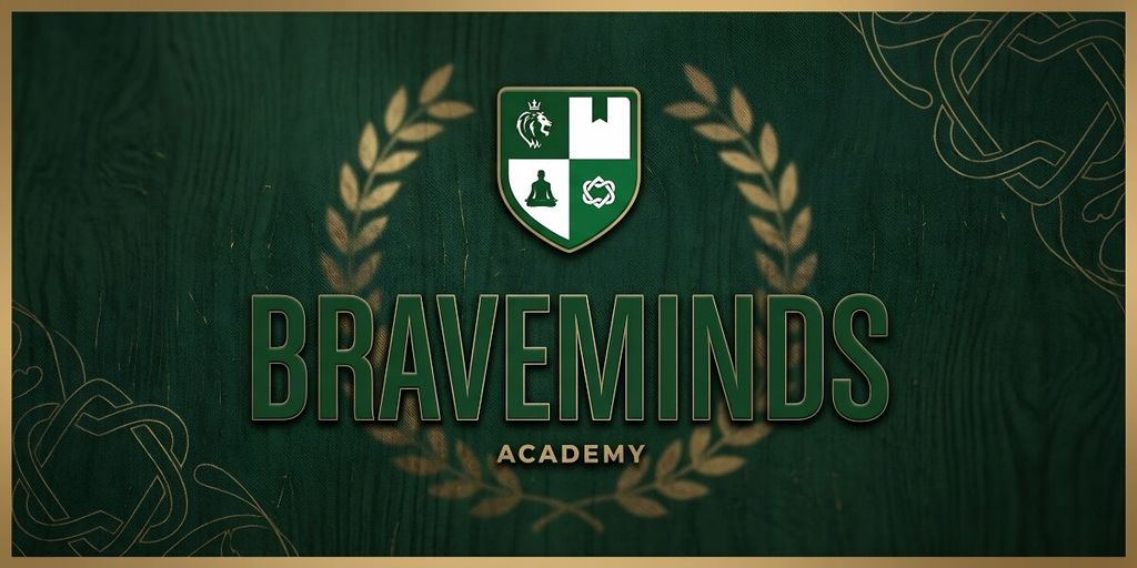 Green wood-textured background with a gold laurel wreath encircling a green and white shield. "BRAVEMINDS ACADEMY" is written in bold green letters.