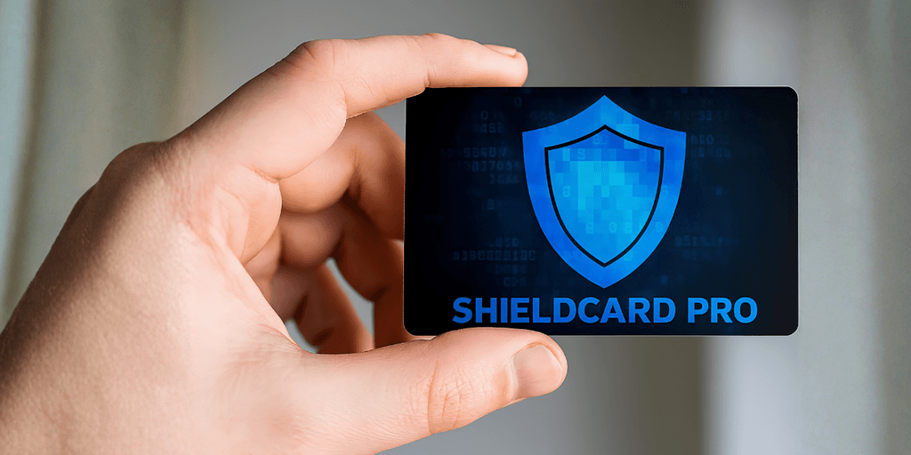 Hand holding a Shield Card Pro RFID-blocking card for contactless payment card protection.