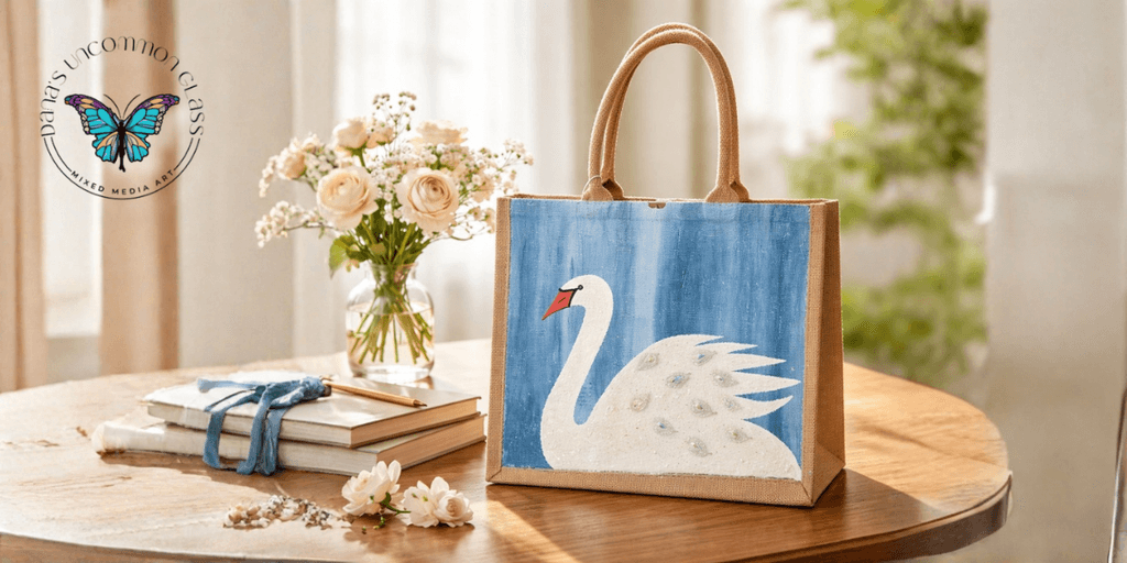 Hand-painted tote with a white swan design, set against a soft blue background.