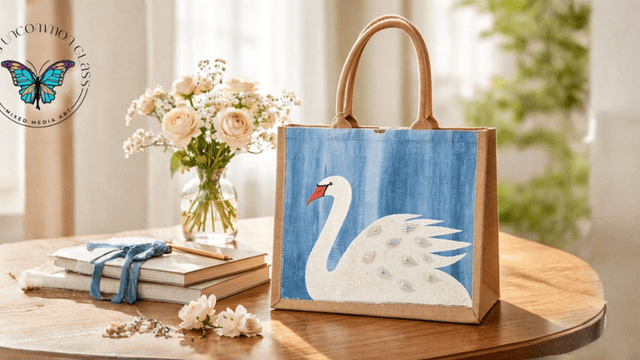 Hand-painted tote with a white swan design, set against a soft blue background.