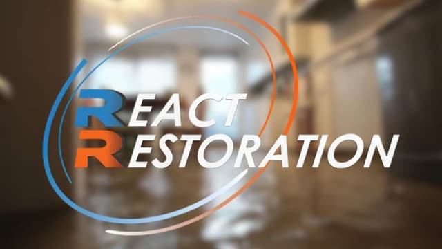 Blurred kitchen scene with water on the floor, overlaid with the bold text "React Restoration" in white, and blue and orange swirls.