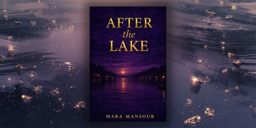 a serene lake at sunset with glowing lights reflecting on the water, evoking the tone of "After the Lake.