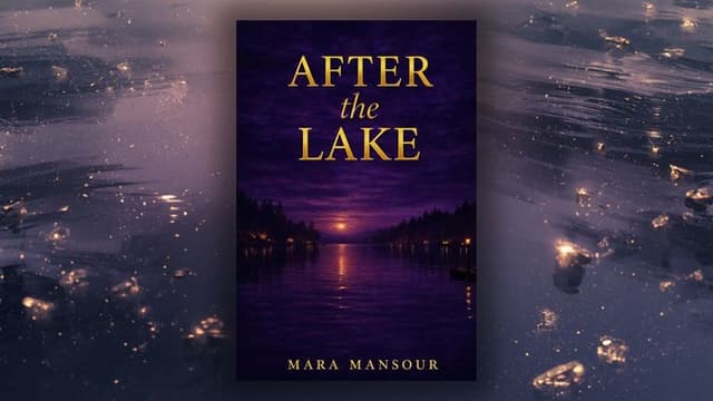 a serene lake at sunset with glowing lights reflecting on the water, evoking the tone of "After the Lake.