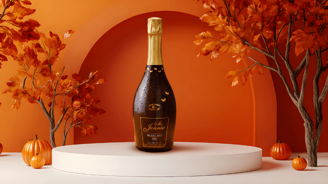 So Jennie sparkling bottle on pedestal with autumn leaves and pumpkins against warm orange backdrop