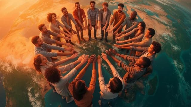 A diverse group of people joining hands around the world, symbolizing unity, connection, and sharing authentic human stories.