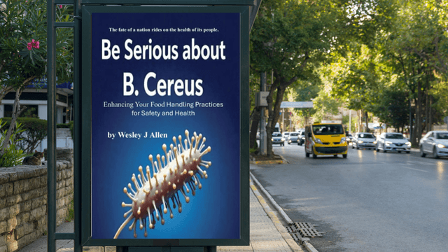 Book advertisement on a city bus stop poster promoting Wesley J. Allen’s “Be Serious About B. Cereus” and its food safety message.
