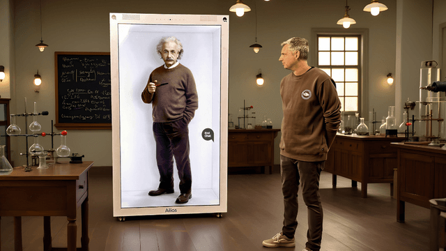 The image shows a full-body hologram of Albert Einstein, interacting with a person in a science lab setting.