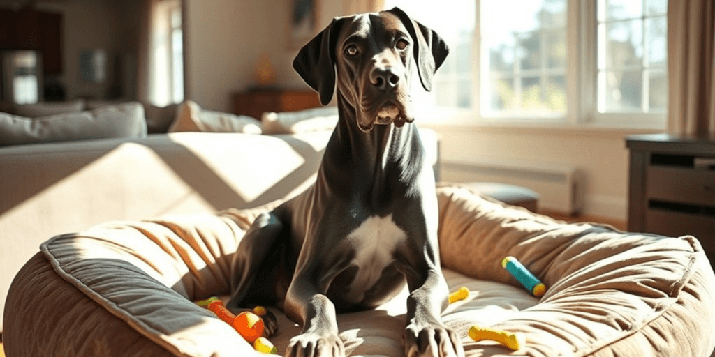 A Great Dane lounging comfortably in a cozy bed surrounded by colorful dog toys, resting in a well-lit living room.