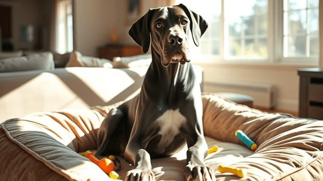 A Great Dane lounging comfortably in a cozy bed surrounded by colorful dog toys, resting in a well-lit living room.