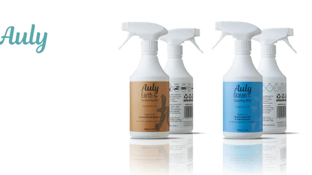 Auly Earth Deodorizing Mist, Auly Ocean Cleaning Mist, and Auly Ocean Cleaning Mist sprays in white bottles with natural mineral and plant extract-based formulas, placed side by side on a clean white surface, showcasing the fragrance-free labeling and eco-friendly packaging.