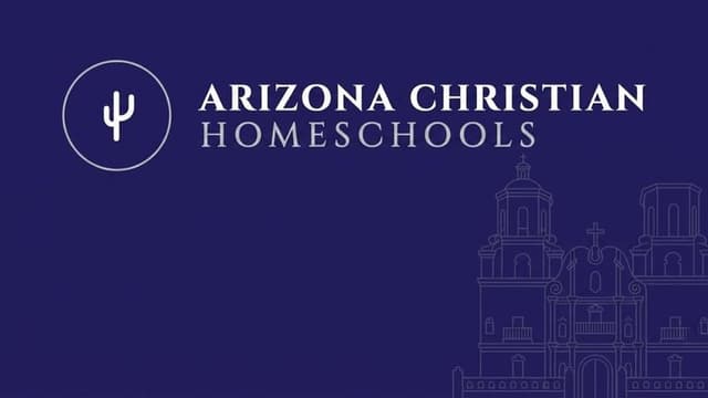 Arizona Christian Homeschools logo on purple background with church illustration, introducing Christ-centered education directory across Arizona.