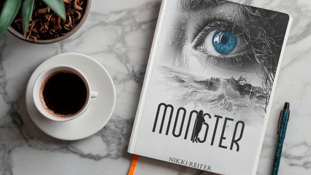 Monster by Nikki Reiter, a psychological thriller about captivity, survival, and power, with coffee and a pen.