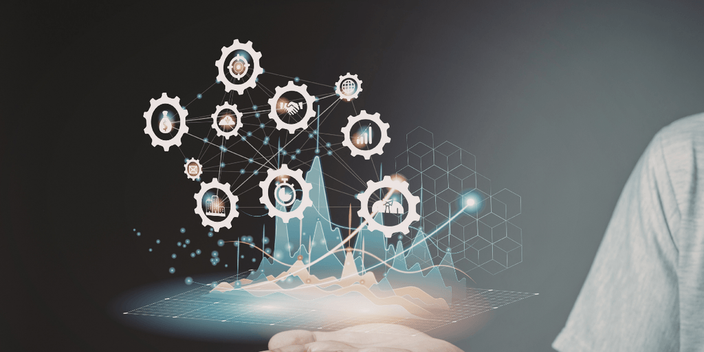 Technology innovation dashboard with connected digital gears and data analytics visualization