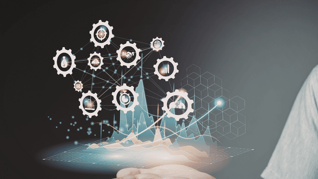 Technology innovation dashboard with connected digital gears and data analytics visualization