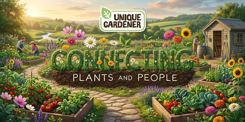 A lush garden with vibrant flowers and vegetables, people tending to plants. Text reads "Connecting Plants and People" under "Unique Gardener." Peaceful and inviting.