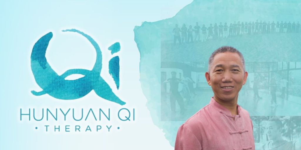 Dr. Pang Ming with the Hunyuan Qi Therapy logo, promoting Qi healing, wellness, and energy balance across the globe