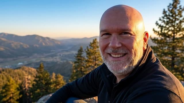 A bald man with a beard smiles warmly at the camera, embodying a positive outlook on retirement and purposeful living.
