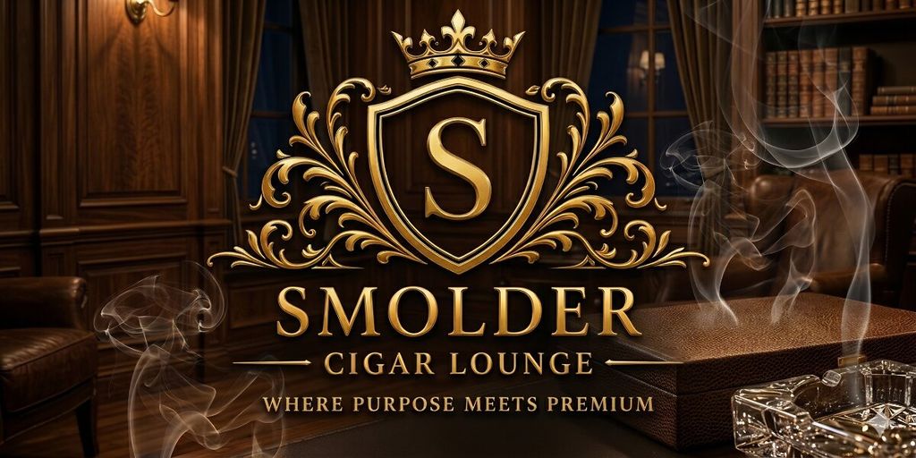 Luxurious cigar lounge interior, featuring wood paneling, leather chairs, and smoke tendrils. Gold emblem reads: "Smolder Cigar Lounge - Where Purpose Meets Premium."