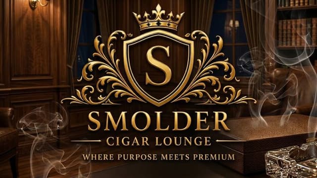 Luxurious cigar lounge interior, featuring wood paneling, leather chairs, and smoke tendrils. Gold emblem reads: "Smolder Cigar Lounge - Where Purpose Meets Premium."