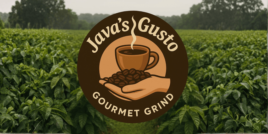 Java’s Gusto logo with a cup of coffee and beans, set against a lush coffee farm background.