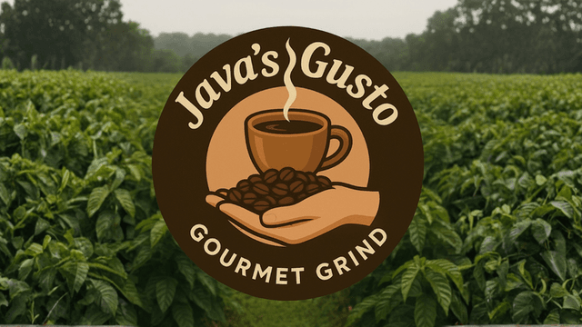 Java’s Gusto logo with a cup of coffee and beans, set against a lush coffee farm background.
