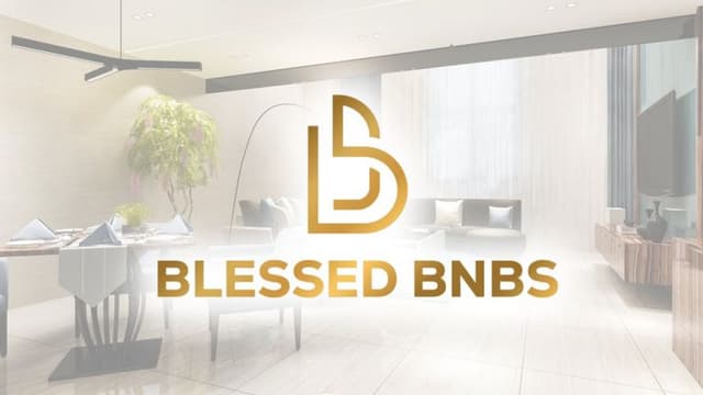 a luxury interior with a sleek, modern design, featuring a dining table, stylish furniture, and a cozy atmosphere, aligned with Blessed BNBS' upscale brand.