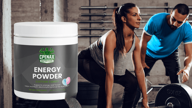 Two athletes in a gym using CPENAX NUTRITION Energy Powder to boost performance and recovery during strength training.