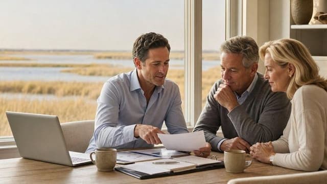 Financial advisor reviewing Social Security planning documents with a couple at a dining table.