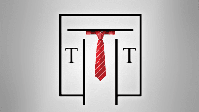 Talisman Tie logo featuring a red striped necktie framed by minimalist black lettering and border.