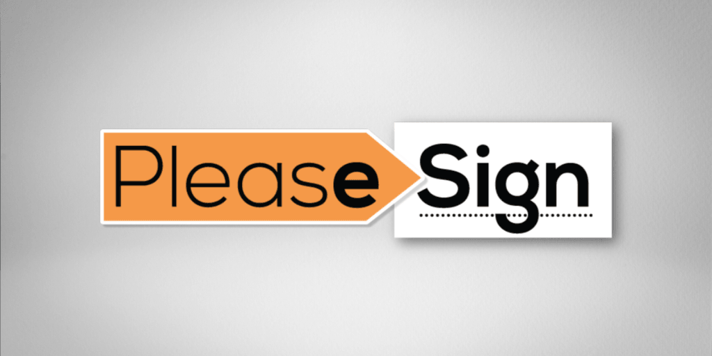 PleaseSign logo with orange arrow pointing to bold black text on white background.
