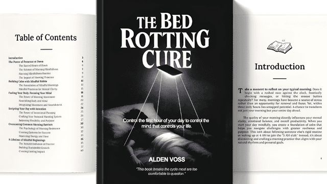 Book cover with table of contents: "The Bed Rotting Cure" by Alden Voss, offering strategies for breaking morning inertia.