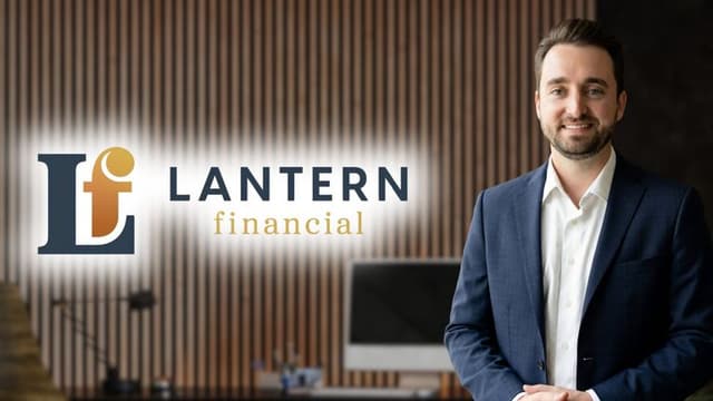 Andrew Kinder of Lantern Financial stands beside company logo in office, featured in Social Security retirement planning article.