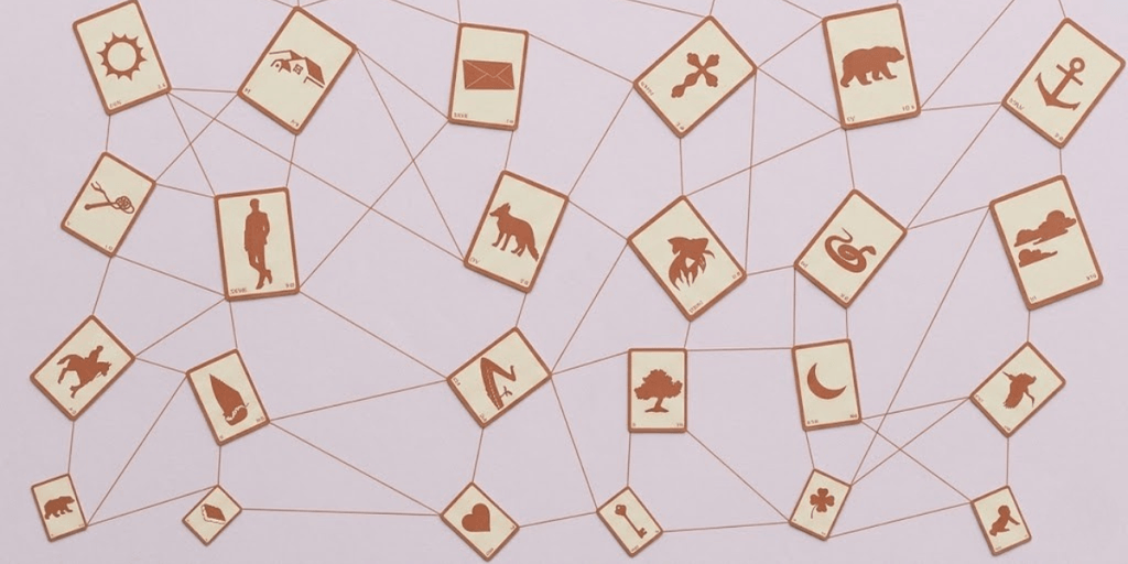 **Lenormand divination cards connected by lines, symbolizing structured card meanings and intuitive insight.**