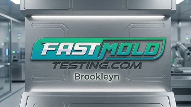 Sleek, futuristic interior showcasing a silver panel with the bold teal and gray logo "FASTMOLD TESTING.COM Brooklyn." High-tech, modern lab setting.