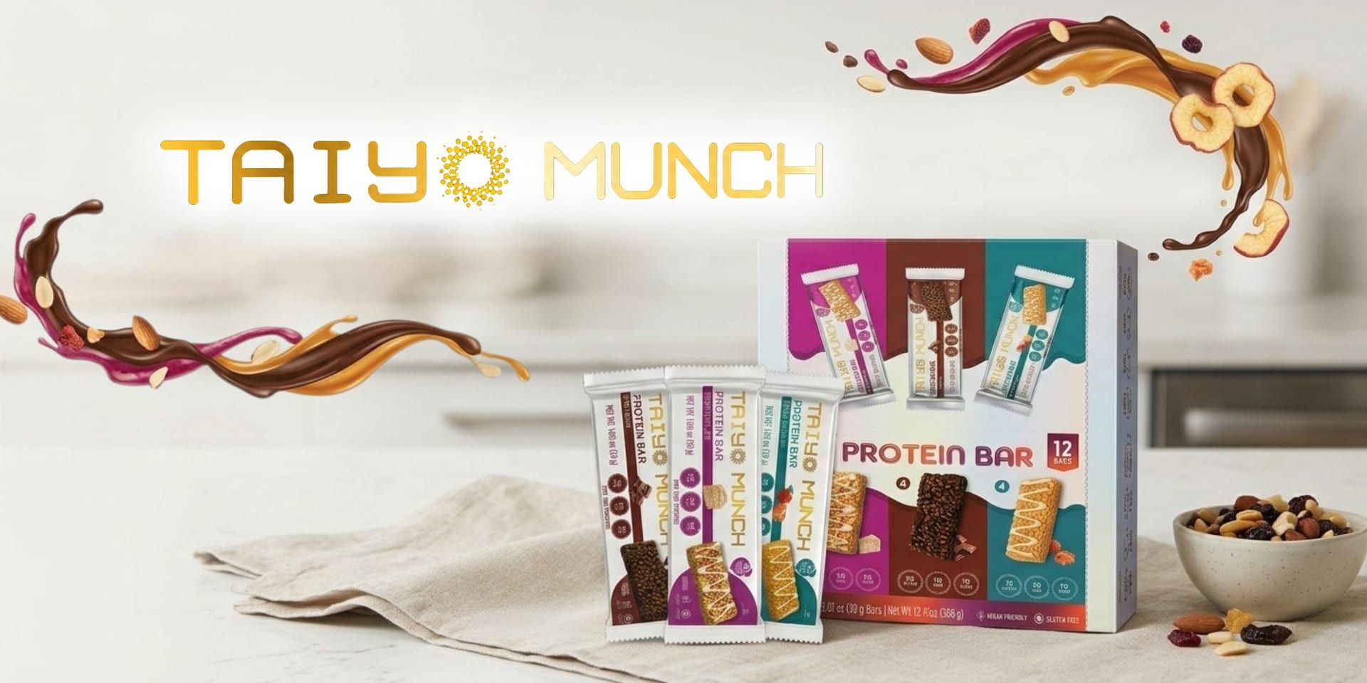 Taiyo Munch protein bars and variety pack displayed with colorful flavor swirls and snack ingredients.