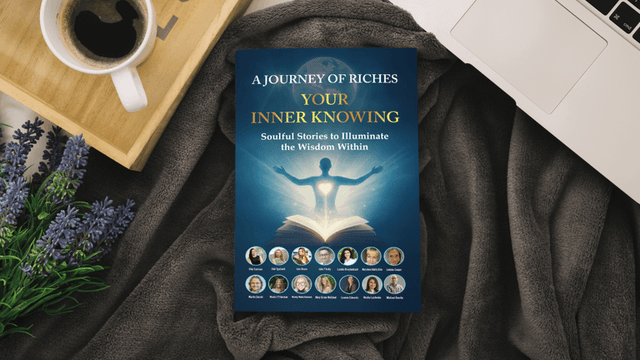 A cup of coffee and "Your Inner Knowing" book on a cozy setting with lavender flowers.