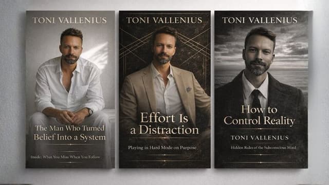 Three book covers titled "The Man Who Turned Belief Into a System," "Effort Is a Distraction," and "How to Control Reality" by Toni Vallenius feature a man in various poses. The designs convey a reflective, motivational tone.