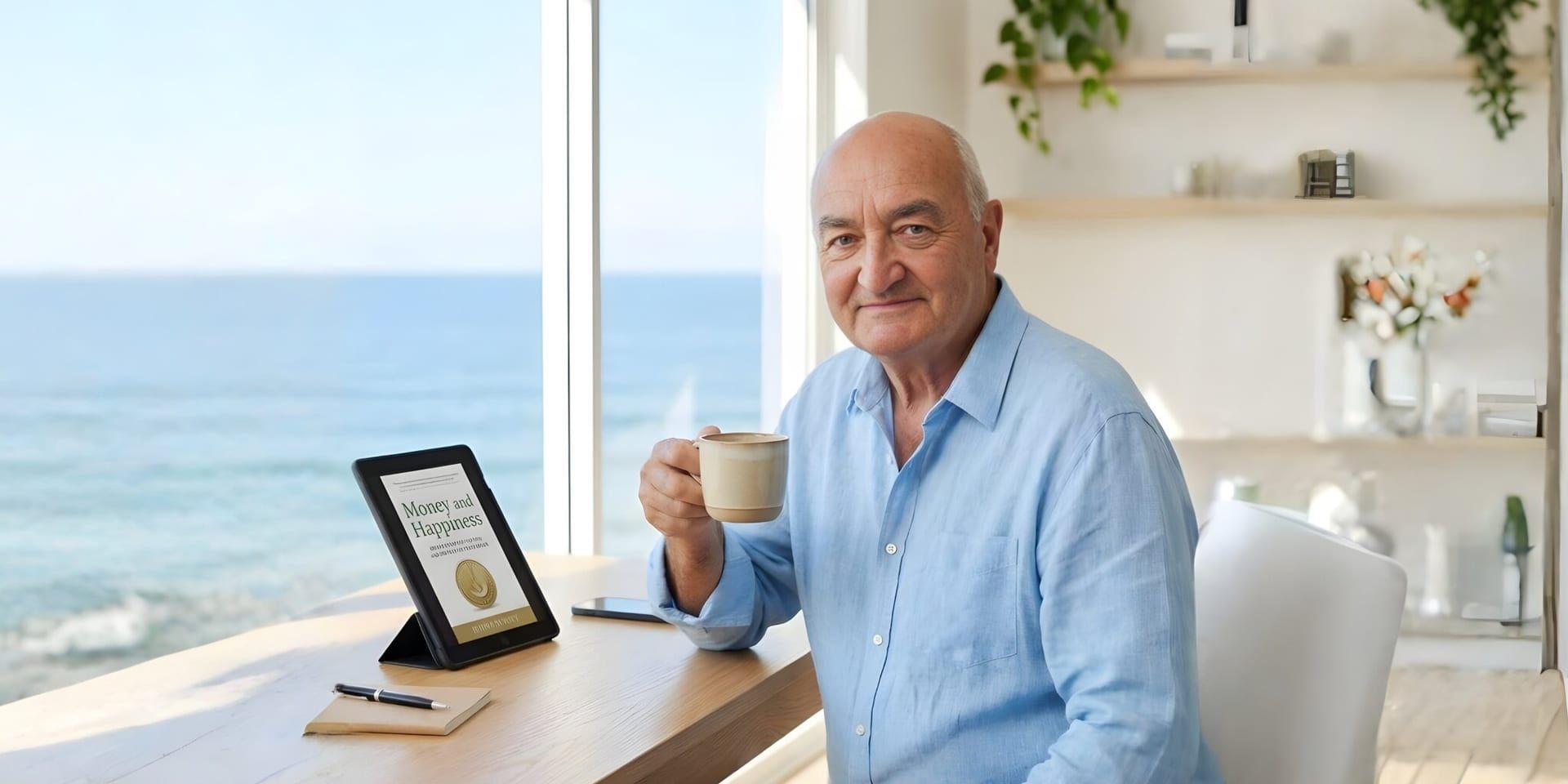 David Jackson Willis holding a coffee beside a tablet displaying “Money and Happiness,” overlooking the ocean.