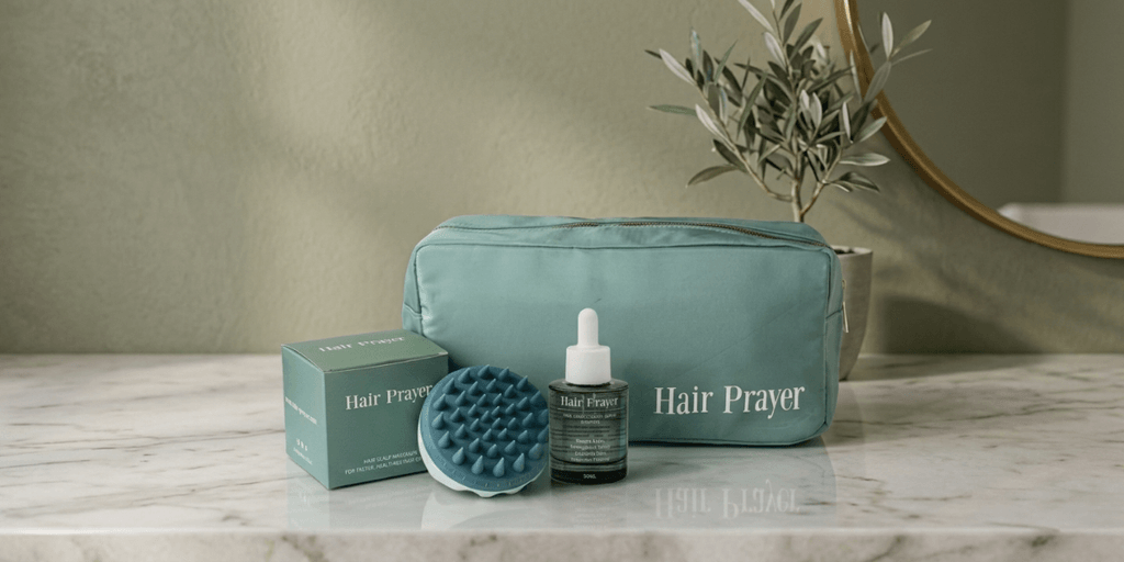 Hair Prayer hair care kit with serum, scalp massager, and travel pouch on marble counter.