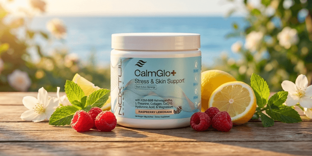 CalmGlo+ supplement with raspberries, lemons, and mint by a serene beach, promoting stress relief and skin support.
