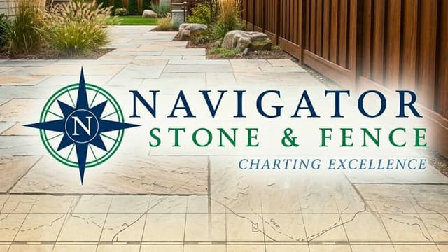 A stone pathway leads to a landscaped area with green plants. The text overlay reads "Navigator Stone & Fence" with a compass logo, conveying professionalism.