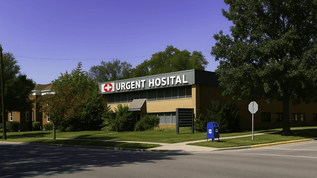 "Urgent care hospital building with clear signage offering immediate medical services, highlighting accessibility, health support, and emergency care."