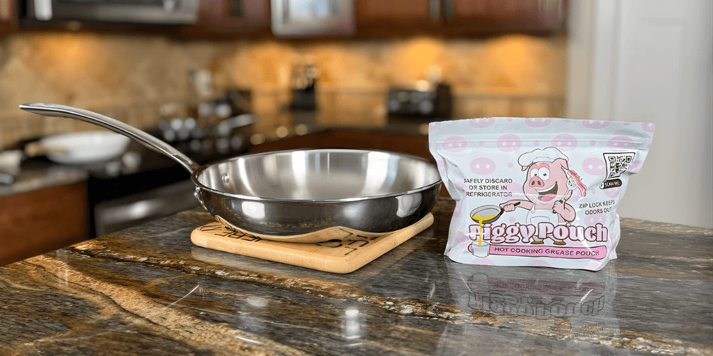Piggy Pouch product displayed in a kitchen setting, showcasing its easy-to-use, eco-friendly grease disposal solution with odor control.