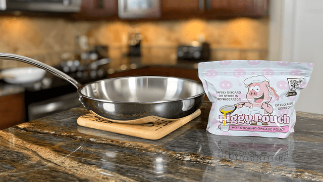 Piggy Pouch product displayed in a kitchen setting, showcasing its easy-to-use, eco-friendly grease disposal solution with odor control.