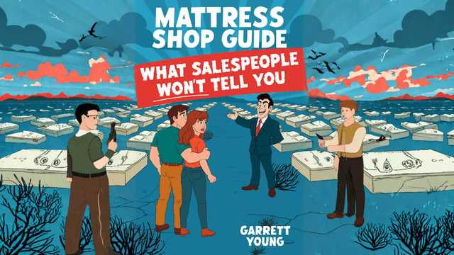 "Mattress Shop Guide book cover by Garrett Young, offering practical, consumer-focused advice to help shoppers make informed mattress purchases."