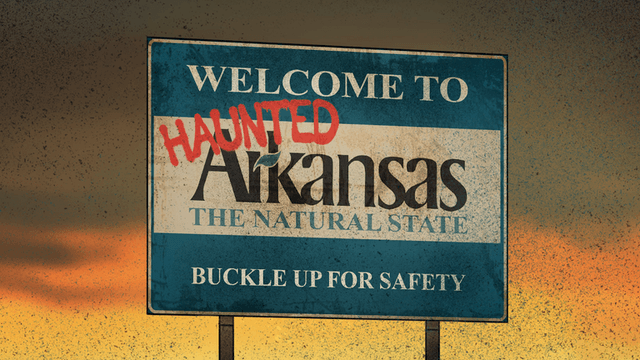 "Haunted Arkansas" series logo featuring a reimagined welcome sign, promoting paranormal investigations in Arkansas with an authentic, raw approach.