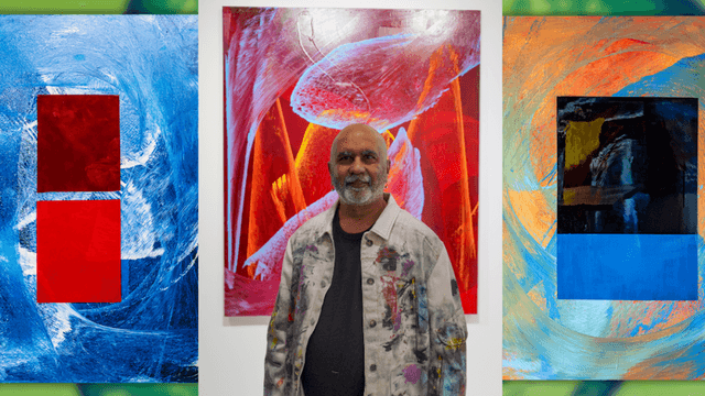 Ritu Raj with guests at his exhibition, showcasing his innovative Color Field abstract paintings that blend emotion and texture.
