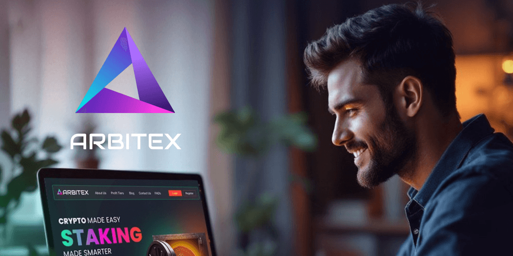 "Arbitex logo displayed alongside a man using a laptop, representing the ease and simplicity of crypto staking and passive income."