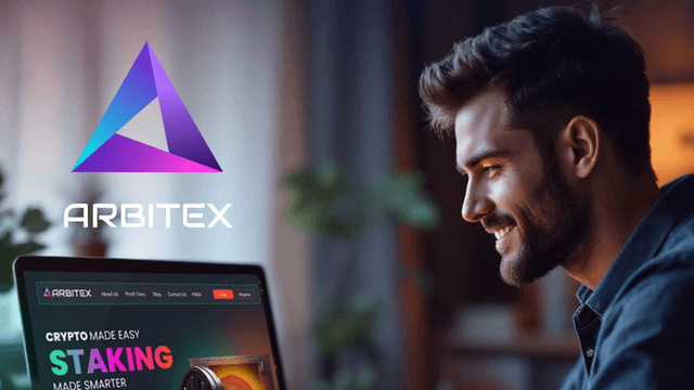 "Arbitex logo displayed alongside a man using a laptop, representing the ease and simplicity of crypto staking and passive income."